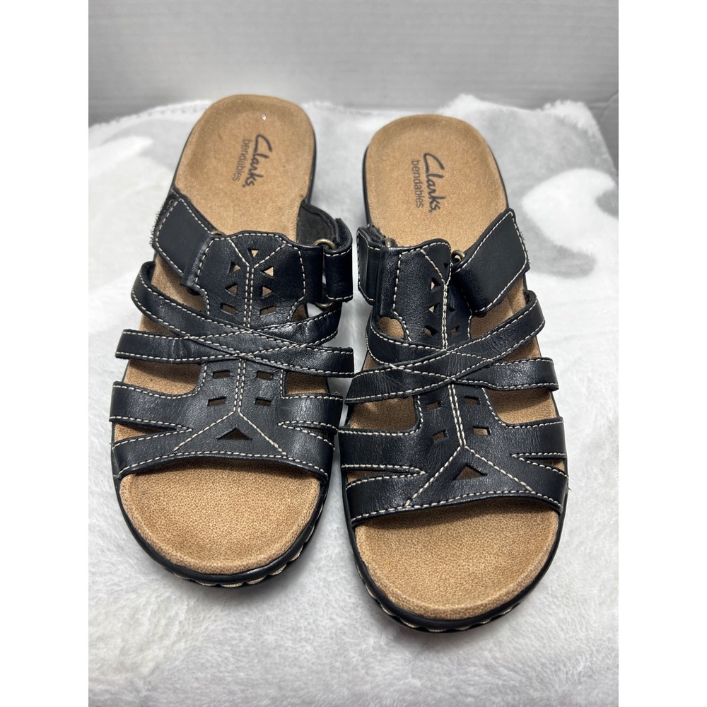 Clarks Bendables Black Leather Strappy Wedge‎ Sandals Women's Comfort Shoes 7M